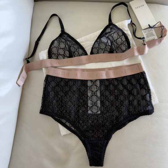 NWT GUCCI LINGERIE SET BLACK LACE GG SZ M 100% Authentic - Picture 3 of 9